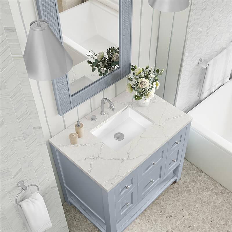 Breckenridge 36 Inch Single Vanity Serenity Blue With Victorian Silver Quartz Top