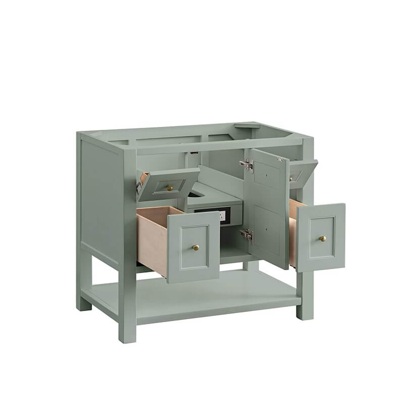 Breckenridge 36 Inch Single Vanity Smokey Celadon Corner View Drawers Open