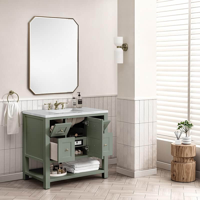 Breckenridge 36 Inch Single Vanity Smokey Celadon Corner View Lifestyle