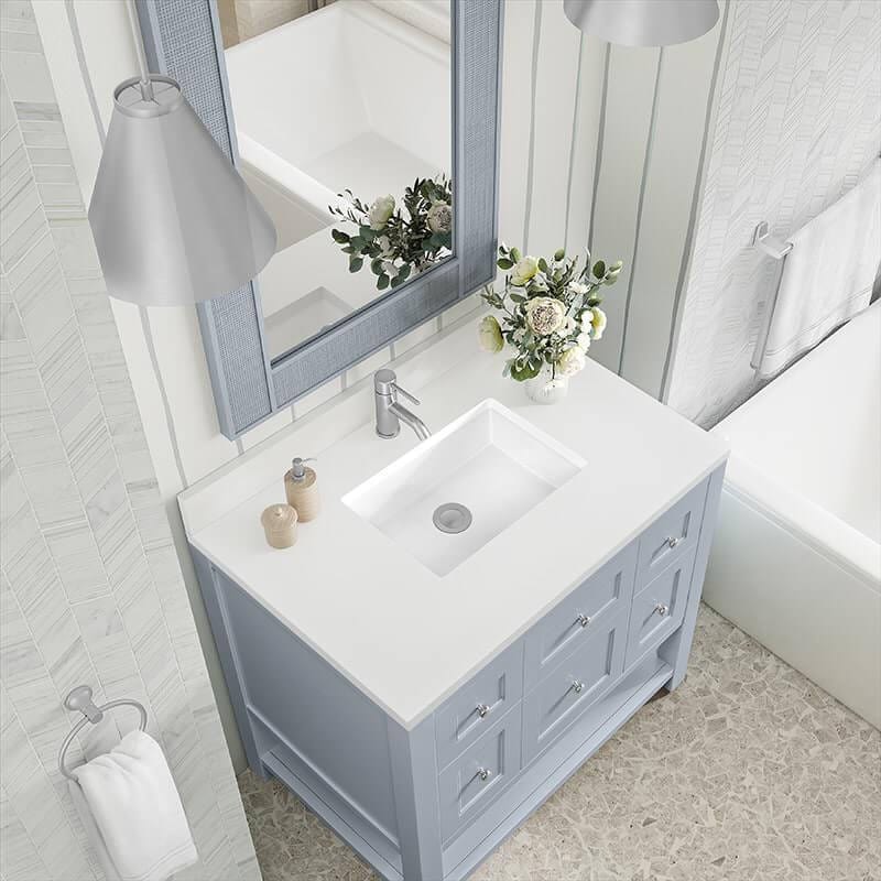 Breckenridge 36" Single Vanity Serenity Blue With Single Hole Faucet White Zeus Quartz Top & Backsplash