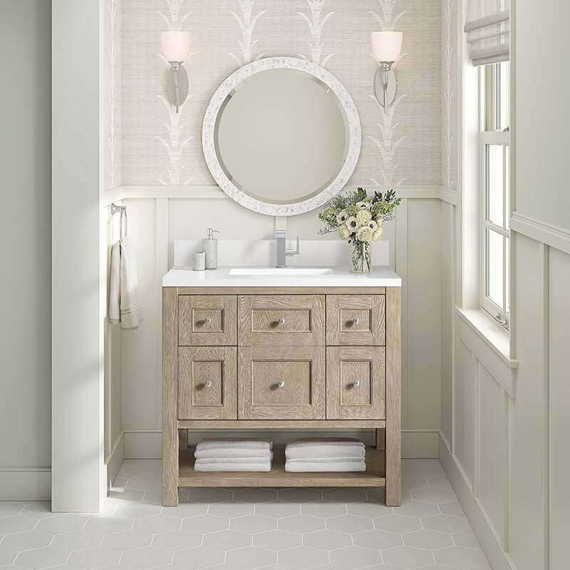 Breckenridge 36" Single Vanity Whitewashed Oak With Single Hole Faucet White Zeus Silestone Top & Backsplash