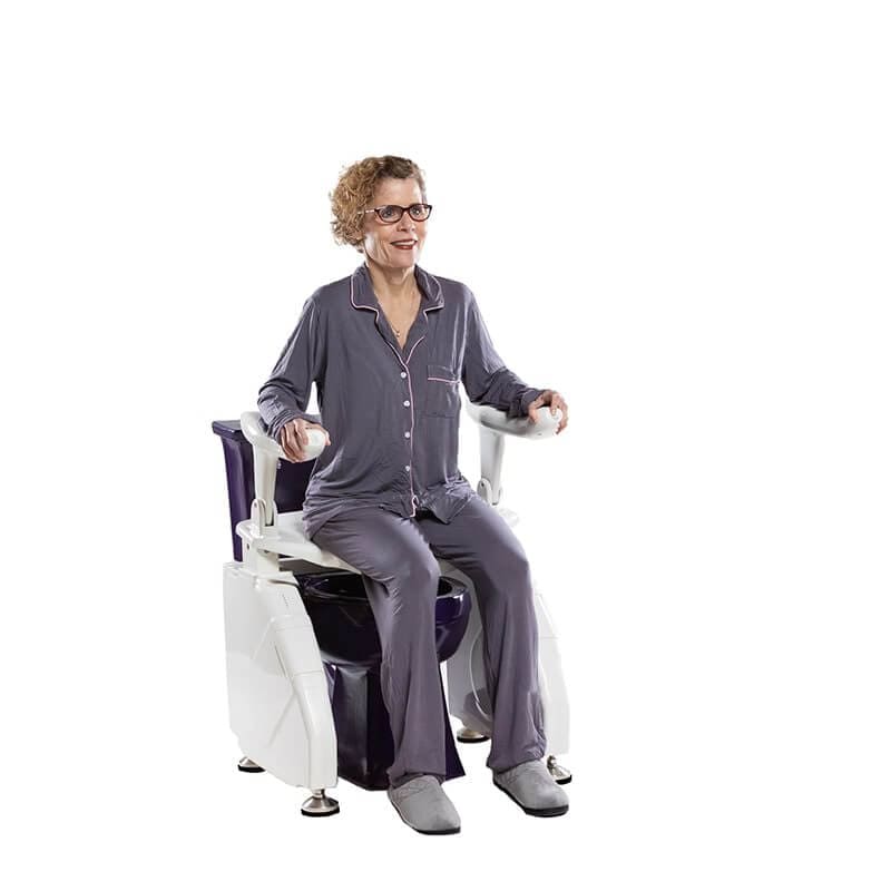Dignity Lifts Deluxe Toilet Lift With Purple Toilet in Use Step 2
