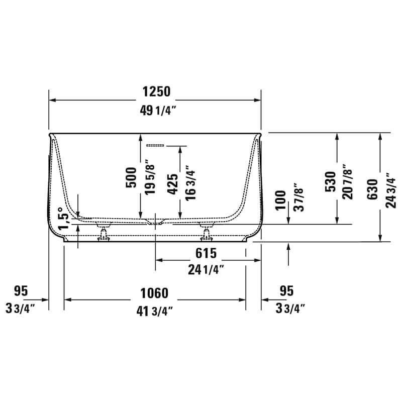 duravit 700464 freestanding bathtub front view dimensions