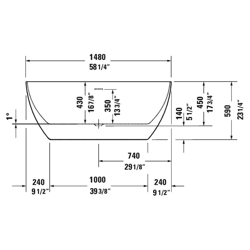Duravit no.1 58 inch bathtub 700524 side view dimension