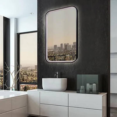 electric mirror eminence LED lighted mirror corner view facing left