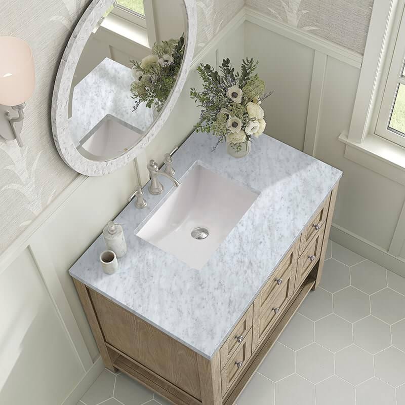 James Martin Breckenridge 36 Inch Single Vanity Whitewashed Oak With Carrara White Marble Top