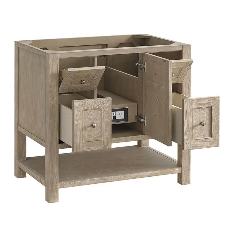 James Martin Breckenridge 36" Single Vanity Whitewashed Oak Corner View Open Drawers