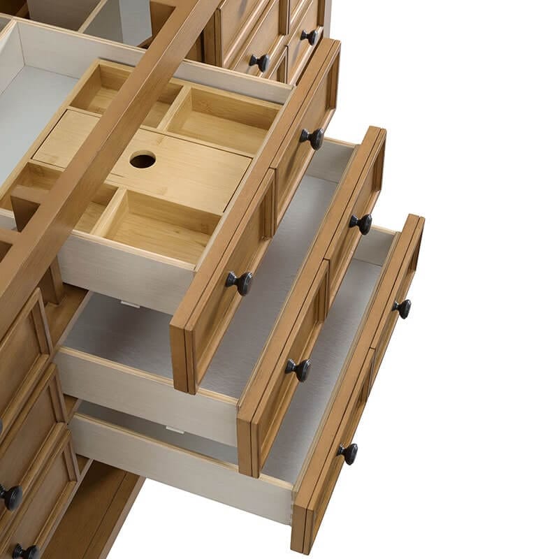 James Martin Malibu 72 Inch Double Vanity Amber Birch Top View Open Drawer