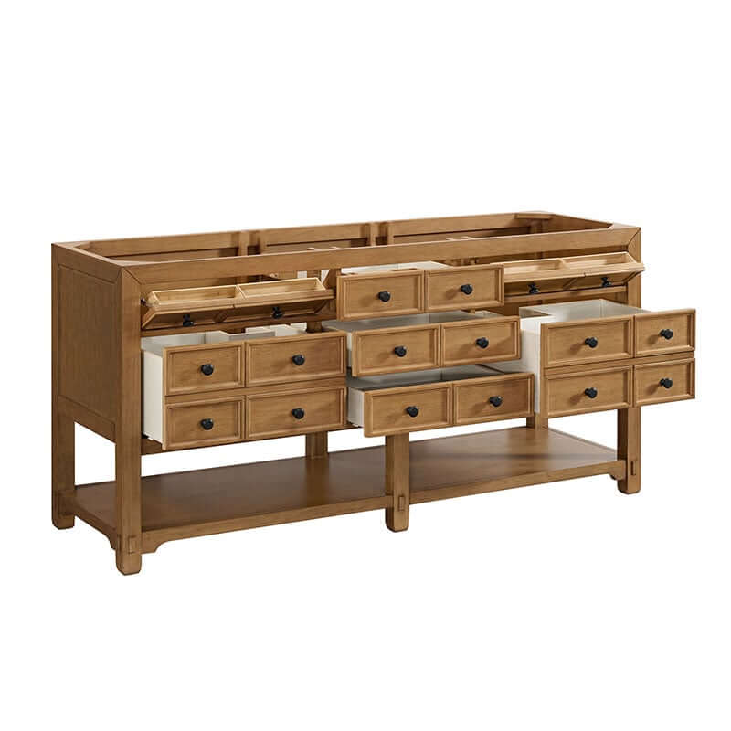 Malibu 72" Double Vanity Amber Birch Corner View Open Drawer