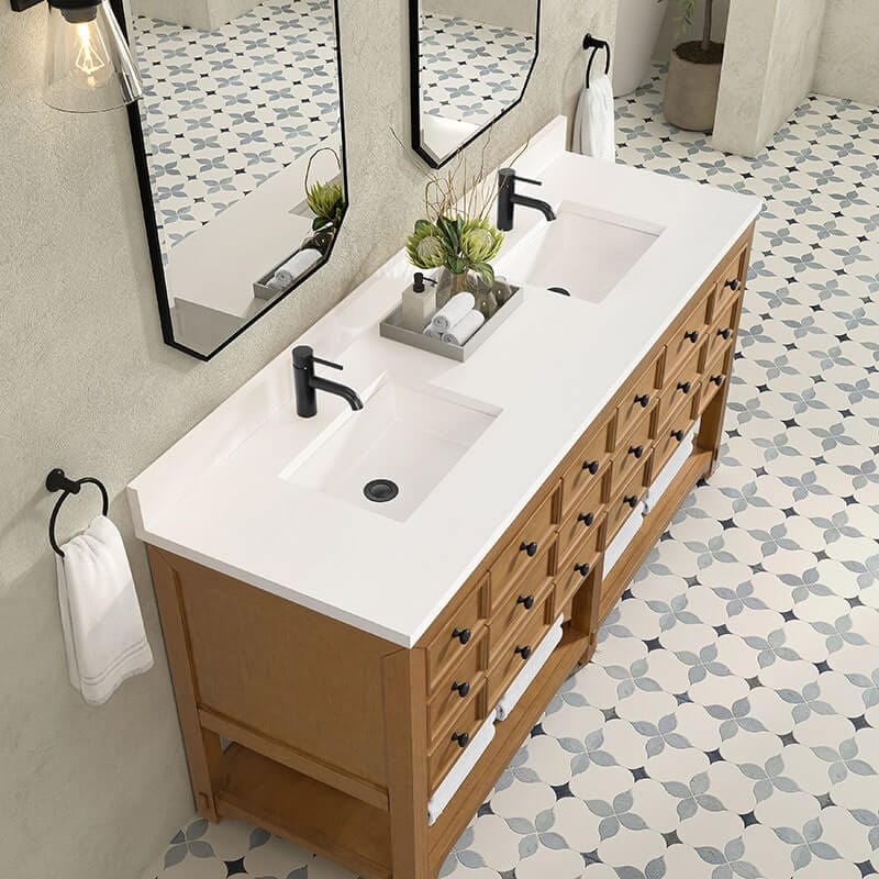 Malibu 72 Inch Double Vanity Amber Birch With Single Hole Faucet White Zeus Top & Backsplash