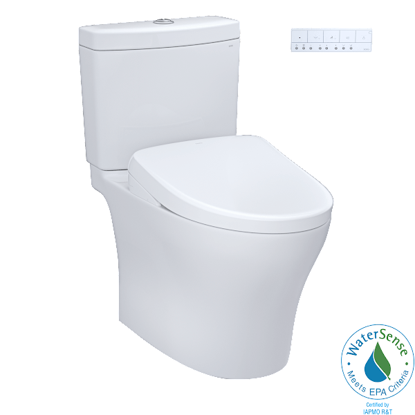 TOTO Bidet Toilet Combo TOTO® Washlet®+ Aquia® IV Two-Piece Elongated Dual Flush 1.28 and 0.9 GPF Toilet with Auto Flush S7 Contemporary Bidet Seat, Cotton White - MW4464726CEMGNA#01