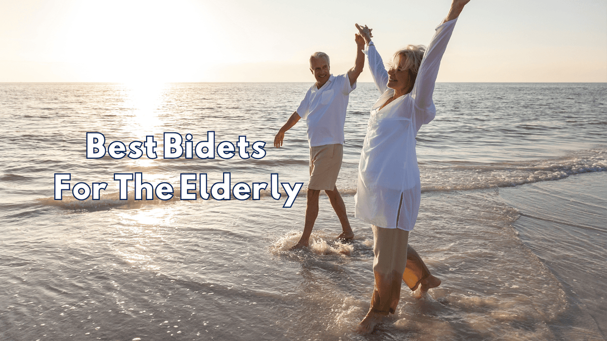 Elderly couple walking on beach.