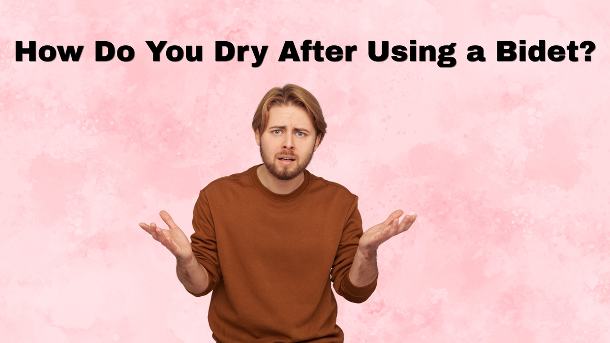 confused man with the title how do you dry after using a bidet above him pink swirly background