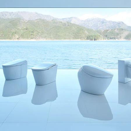 Five white toilets with mountain lake view.