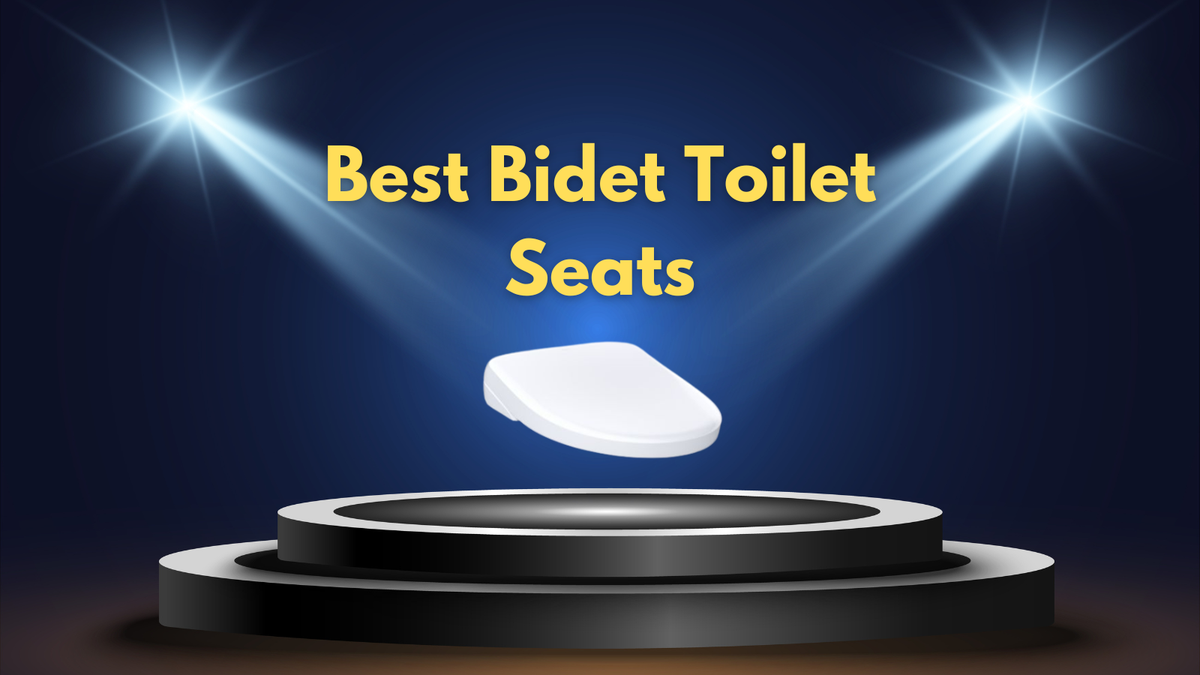 Bidet toilet seat displayed on spotlit black platform. 