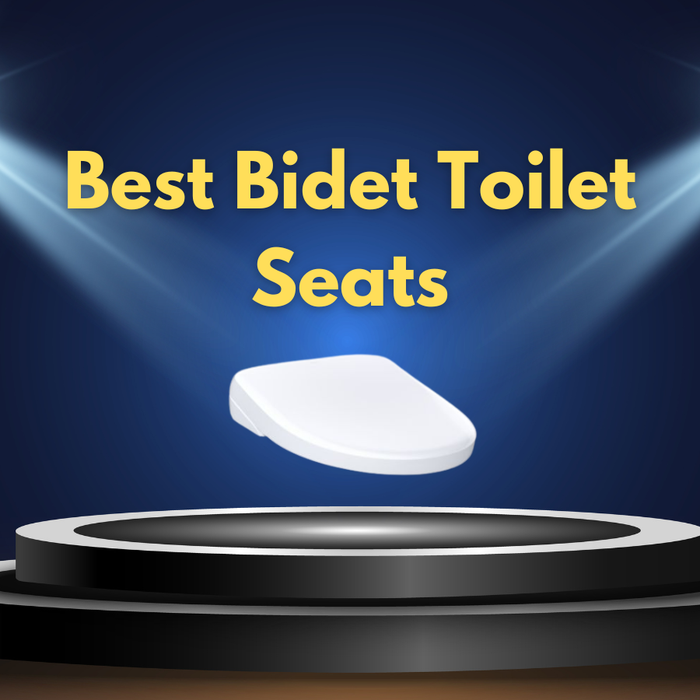 Bidet toilet seat displayed on spotlit black platform. 