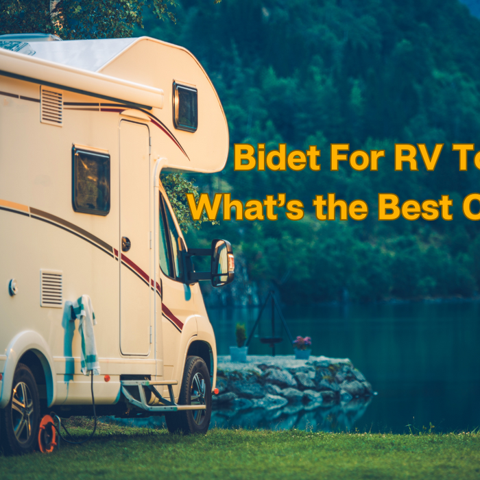 RV beside lake with text about best bidet option. 