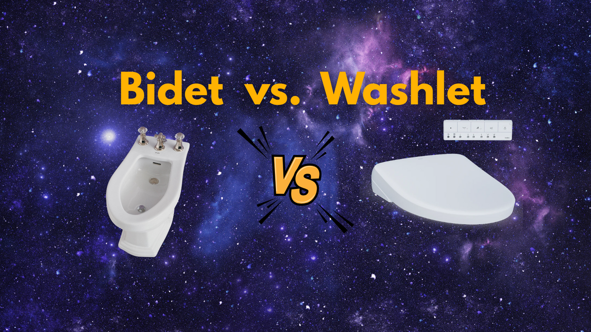 bidet vs washlet article with traditional bidet and toto washlet floating in outer space