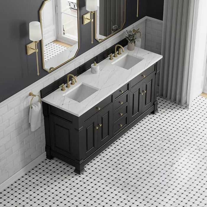 Black double vanity with marble top. 