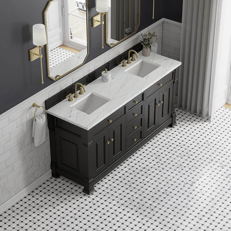 Black double vanity with marble top. 