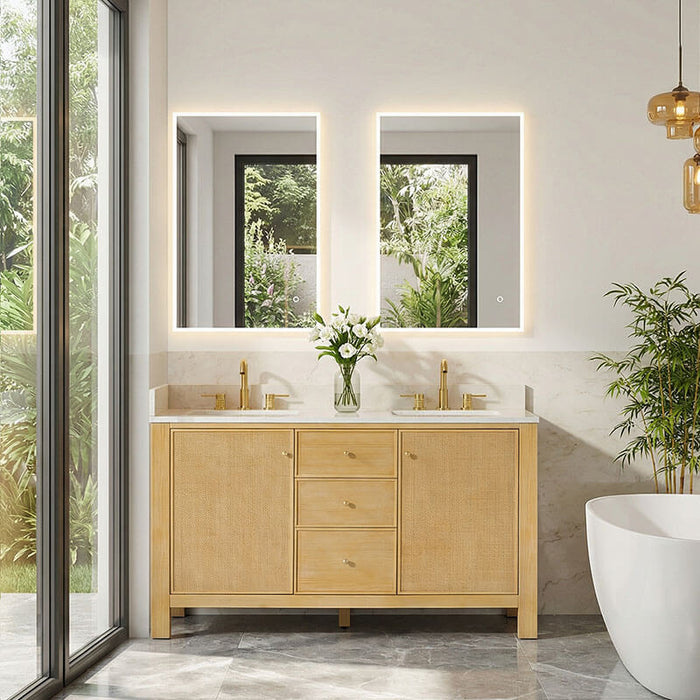 brown bathroom vanity with a tub and electric lighted mirrors above