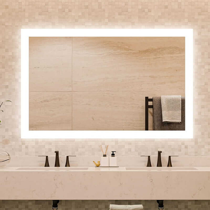 electric mirror square above bathroom sink