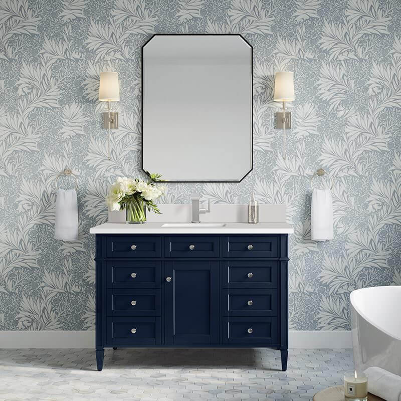 Dark blue vanity with mirror lifestyle image
