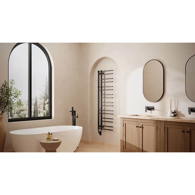19.5 x 37 Inch Trento Electric Hardwired Towel Warmer Corner View Lifestyle