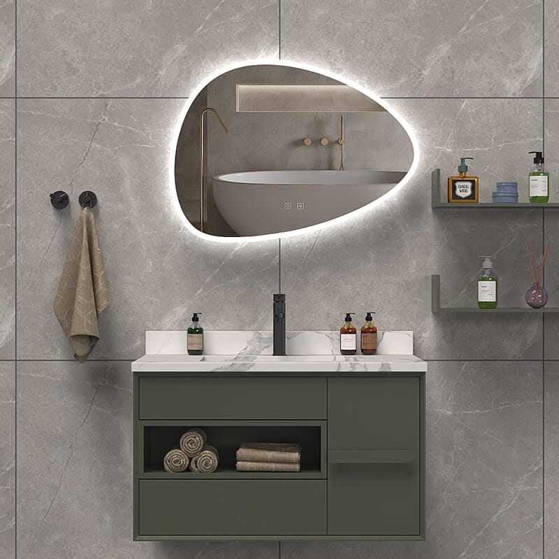 32 x 22 Inch LED Mirror Front View With Green Cabinet