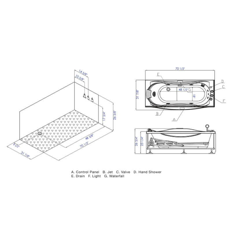 AM189ETL-R 6 ft Left Drain Acrylic White Whirlpool Bathtub with Fixtures Master Spec Sheet