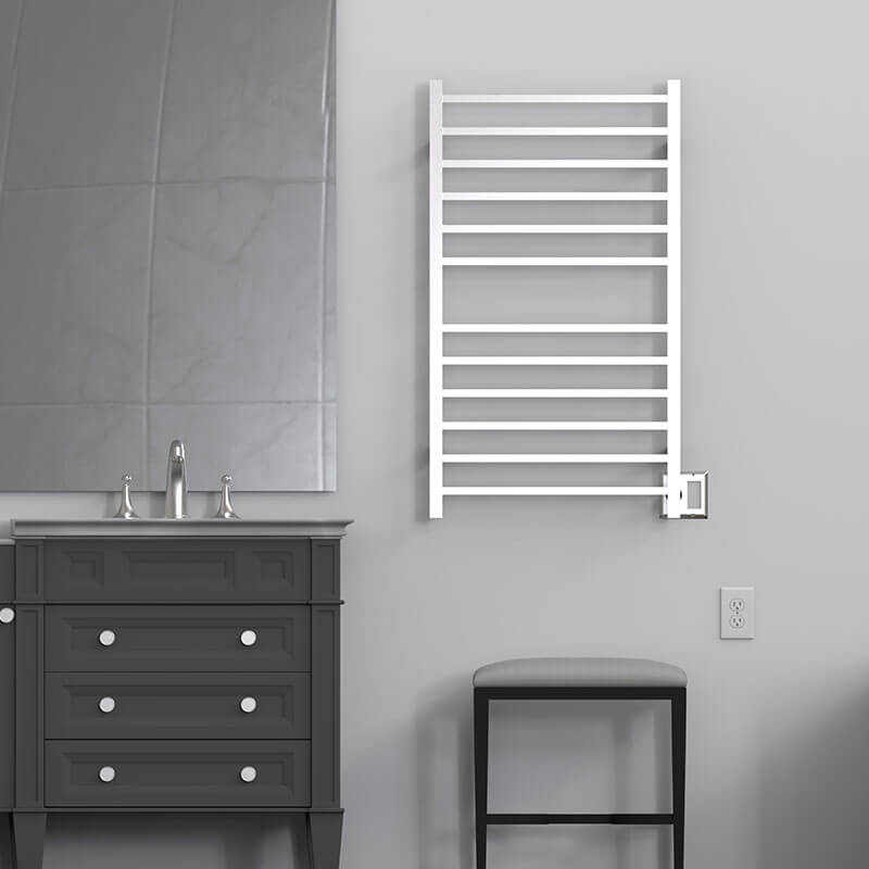 Amba Radiant Large Square 12 Bar Towel Warmer Brushed Stainless Dual Gang Plate Front View Application