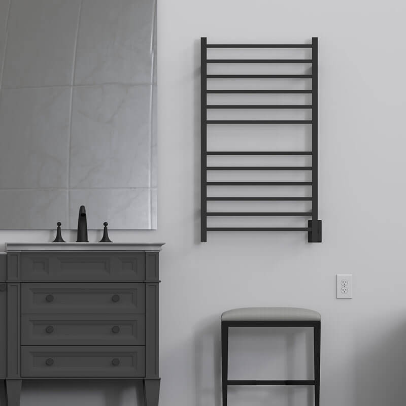 Amba Radiant Large Square 12 Bar Towel Warmer Matte Black Hardwired Front View Application
