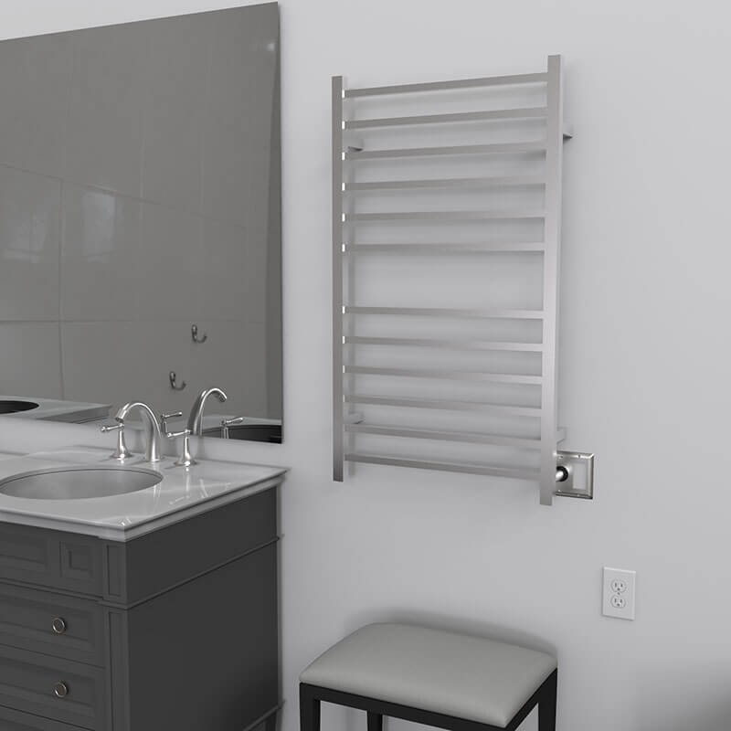 Amba Radiant Large Square Towel Warmer Brushed Stainless Dual Gang Plate Side View Application
