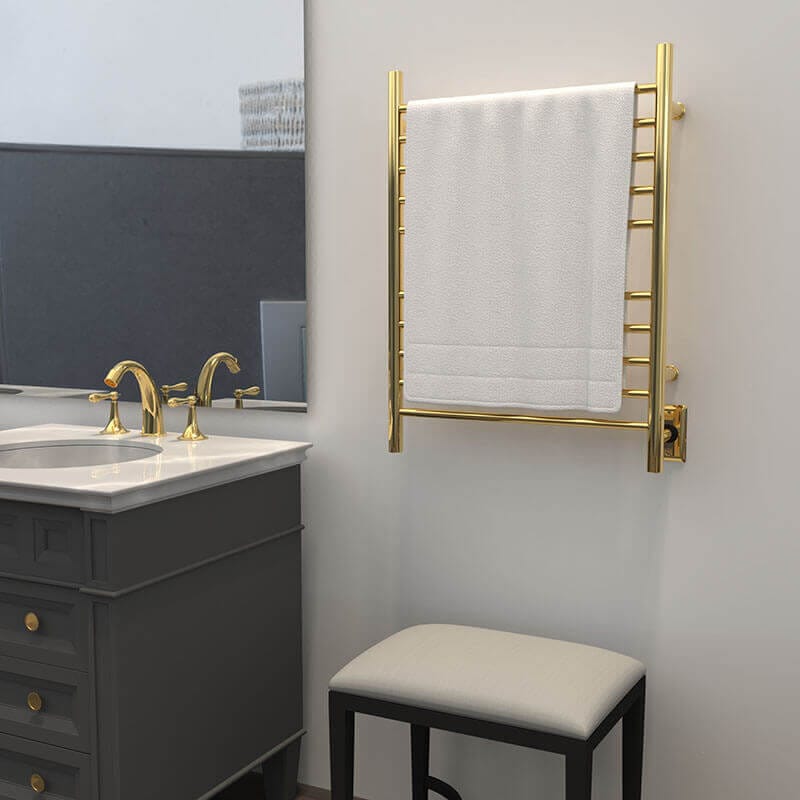 Amba Radiant Straight 10 Bar Towel Warmer Polished Gold Hardwired Side View Towel