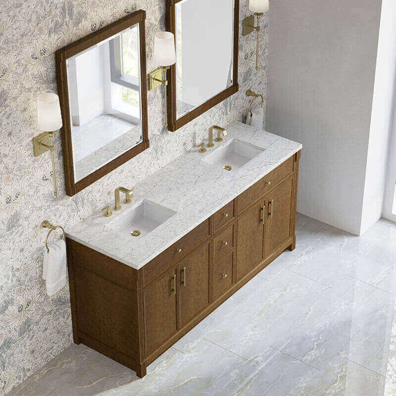 Bellshire 72 Double Vanity Honey Oakin Eternal Jasmine Pearl Silestone Top