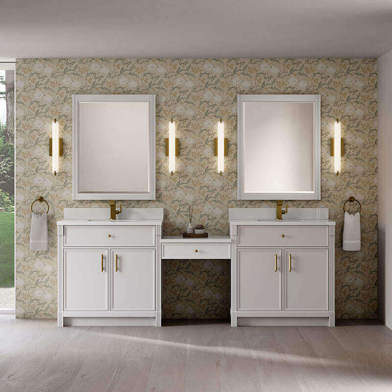 Bellshire 96 Dual Vanity With 24 Make-Up Counter Bright White in Single Hole Faucet White Zeus Silestone Top & Backsplash Front View