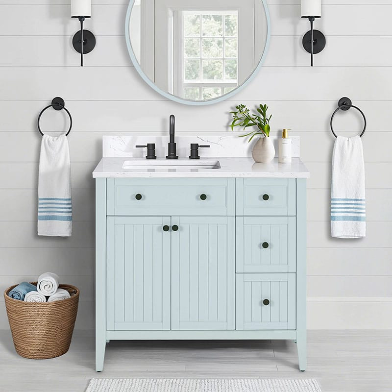 Layla 36 inch Left-Offset Single Sink Bathroom Vanity Ice Blue in Cala White Engineered Stone Front View