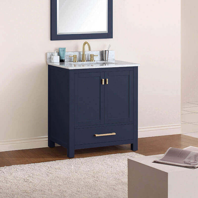Modero 30 Single Vanity Navy Blue in Carrara White Marble Corner View