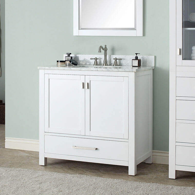 Modero 36 Single Vanity White in Carrara White Marble Corner View