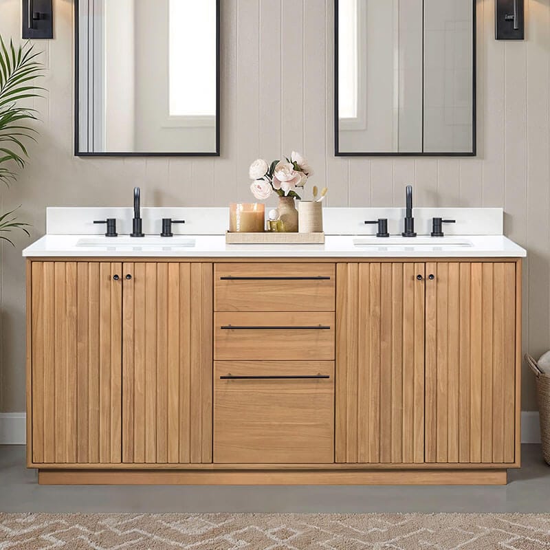 Parker 72 Double Sink Teak Bathroom Vanity Natural Teak in White Engineered Stone Front View