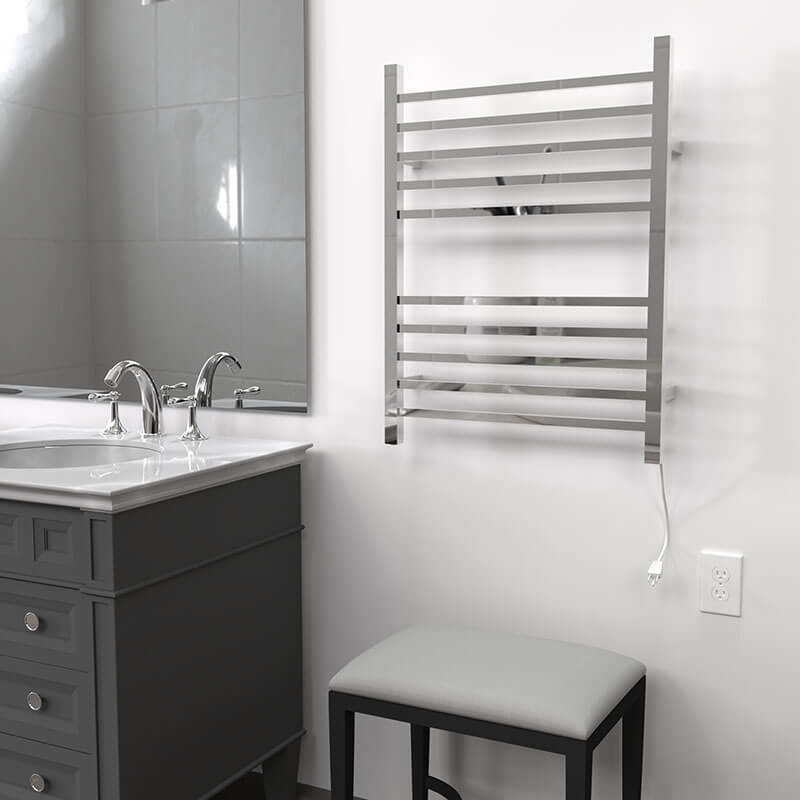 Radiant Square 10 Bar Towel Warmer Polished Stainless Plug in Side View Application