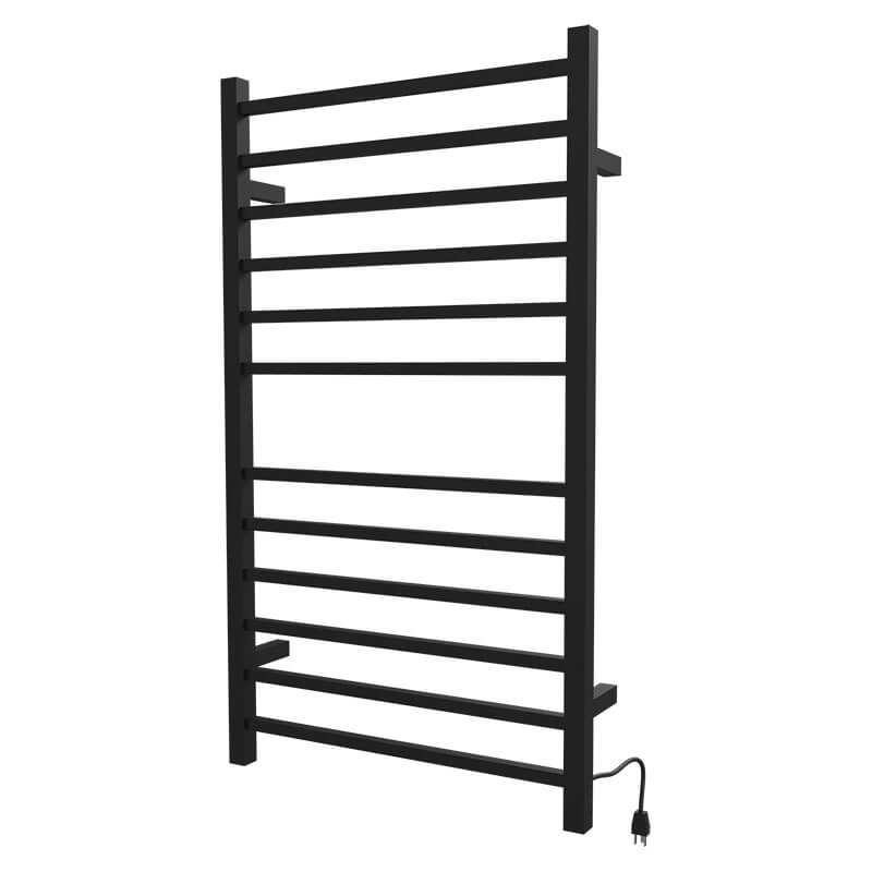 Radiant Large Square 12 Bar Towel Warmer Matte Black Plug in Side View