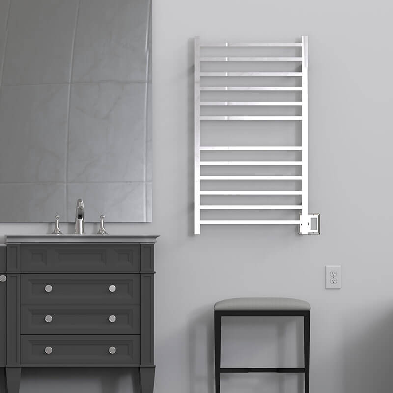 Radiant Large Square 12 Bar Towel Warmer Polished Stainless Dual Gang Plate Front View Application