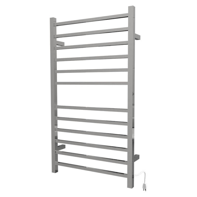 Radiant Large Square 12 Bar Towel Warmer Polished Stainless Plug in Side View