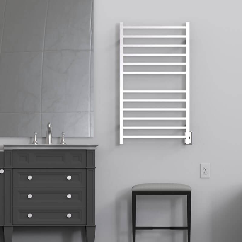 Radiant Large Square Towel Warmer Brushed Stainless Hardwired Front View Application