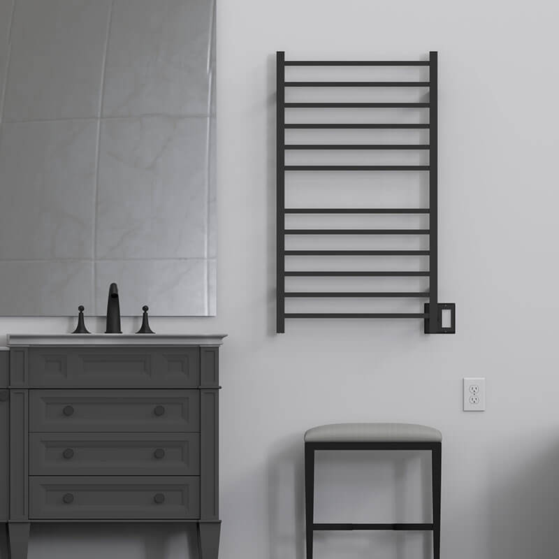 Radiant Large Square Towel Warmer Matte Black Dual Gang Plate Front View Application