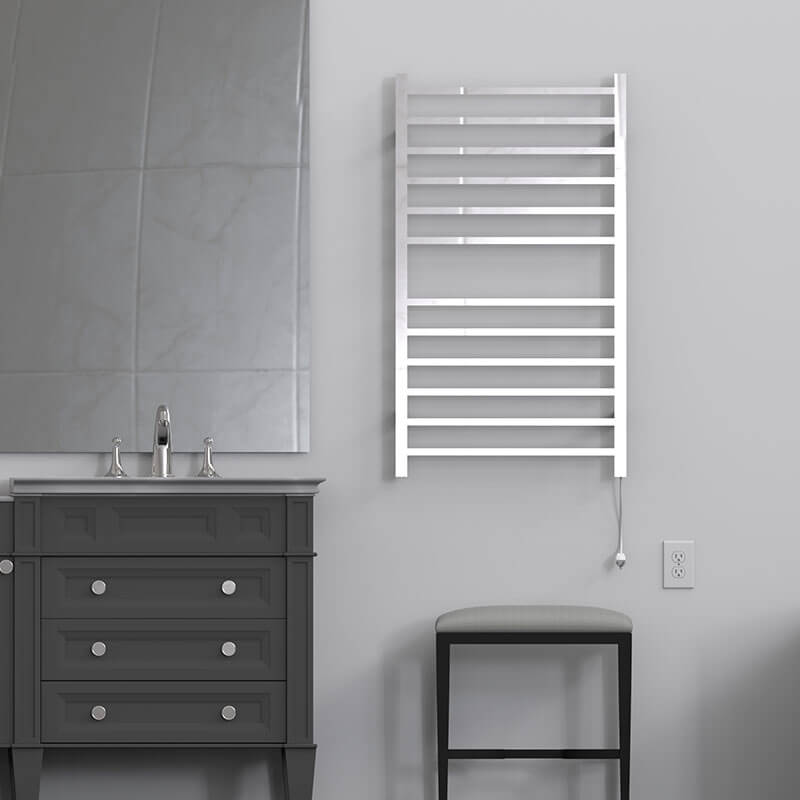 Radiant Large Square Towel Warmer Polished Stainless Plug in Front View Application
