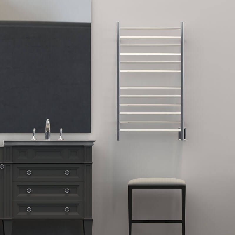 Radiant Large Straight 12 Bar Towel Warmer Polished Stainless Hardwired Front View Application