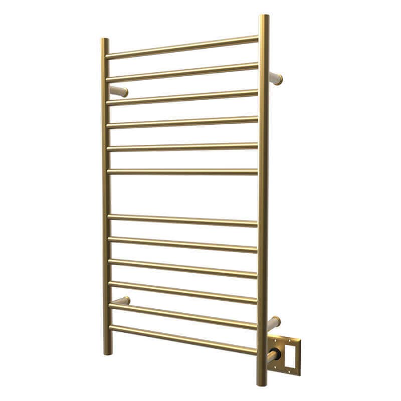 Radiant Large Straight 12 Bar Towel Warmer Satin Brass Double Gang Plate Corner View