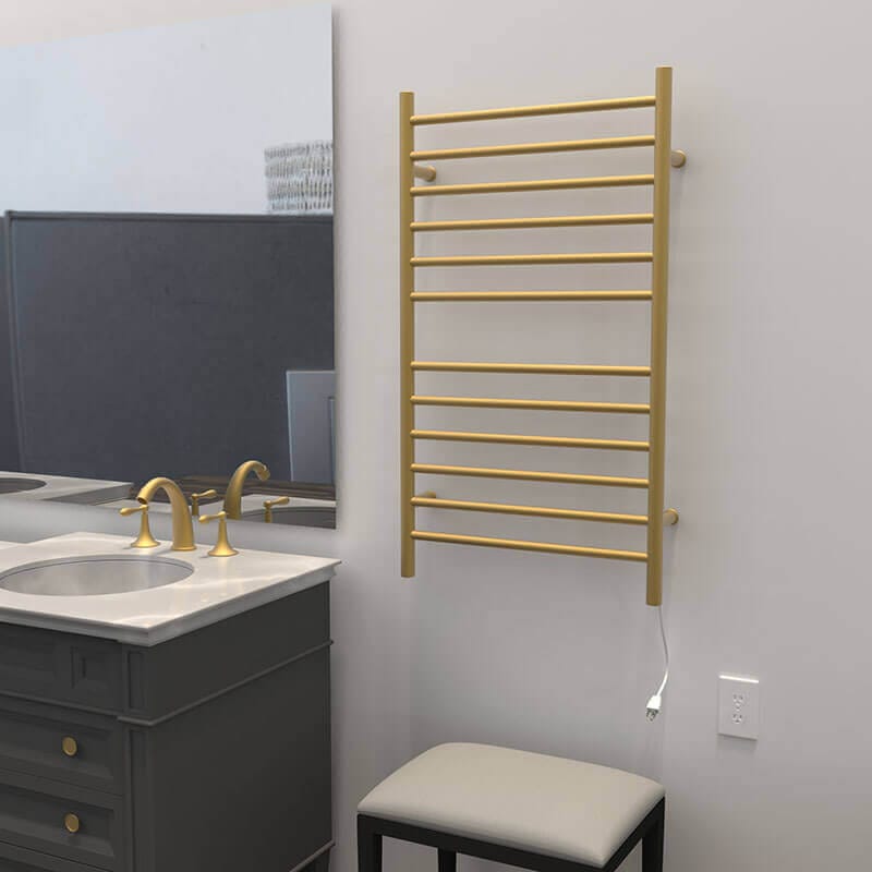 Radiant Large Straight 12 Bar Towel Warmer Satin Brass Plug in Corner View Application
